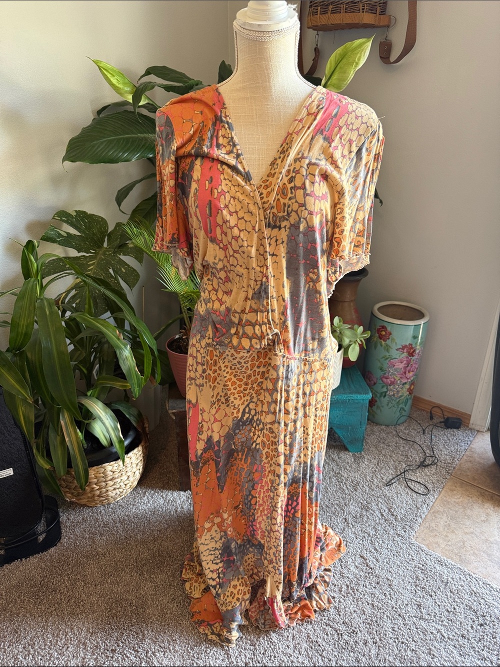 Women’s Orange Multi Pattern Maxi Dress - Casual V-Neck
